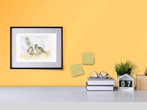 Two pigeons sitting on a yellow wall, perfect for a "Lady of the Woods" Print in your Portugal Shop.
