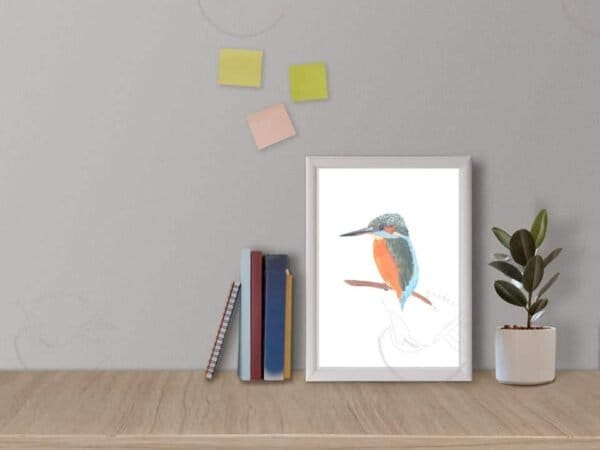 A Common kingfisher Print on a shelf in a living room.