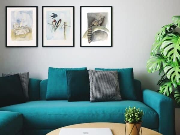 A living room with a turquoise couch and a coffee table decorated with Print Collection from Portugal Shop.