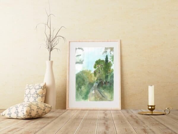 A watercolor painting of a tree in a room Eden.