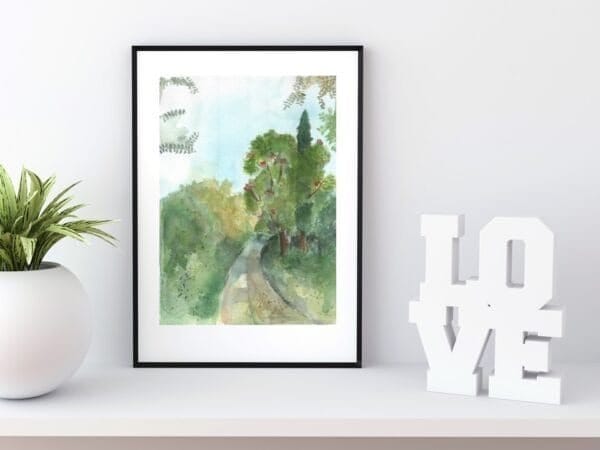 A little paradise print of a road with trees in the background.