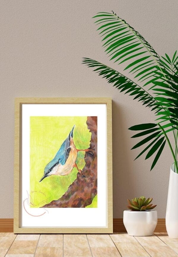 A painting of a blue nuthatch sitting on a branch.