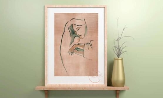 A Our Lady Love Print of a woman holding a baby on a shelf.