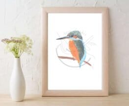 A magnificent common kingfisher perched on a branch, creating an exquisite wall art piece.