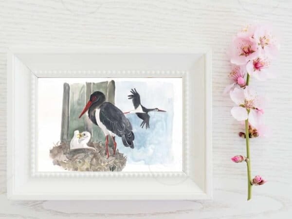 A Black Stork Print of a watercolor painting featuring a stork and a baby bird.
