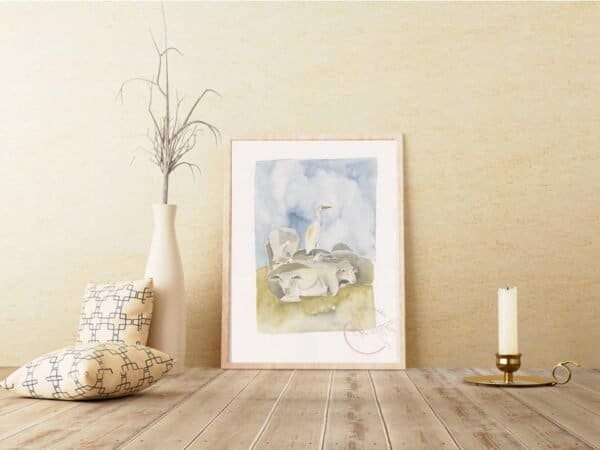 A watercolor painting of a Cattle Egret Print on a wall next to a vase.