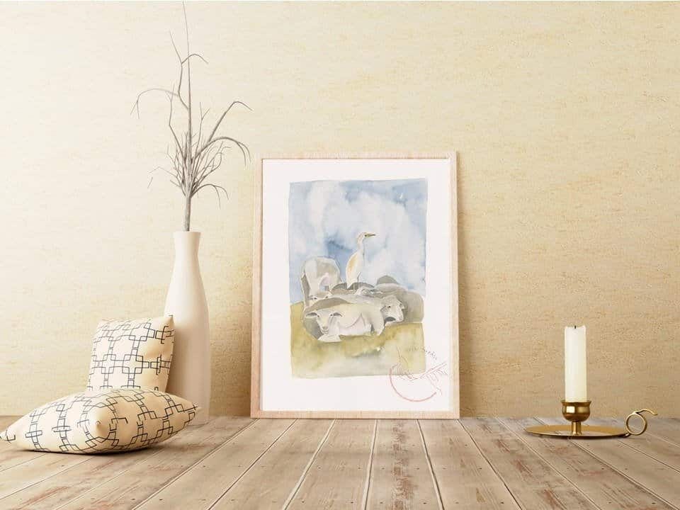 A watercolor painting of a Cattle Egret Print on a wall next to a vase.