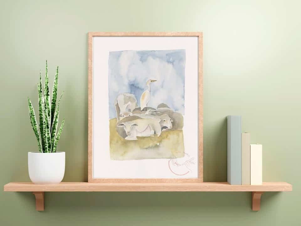 Watercolor print of an elephant on a shelf next to a plant featured in the Cattle Egret Print collection.