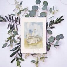 A watercolor painting with eucalyptus leaves on a white background, available as a Cattle Egret Print from Portugal Shop.