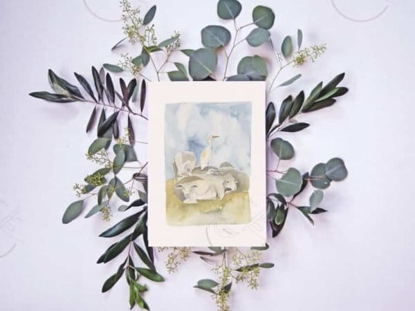 A watercolor painting with eucalyptus leaves on a white background, available as a Cattle Egret Print from Portugal Shop.