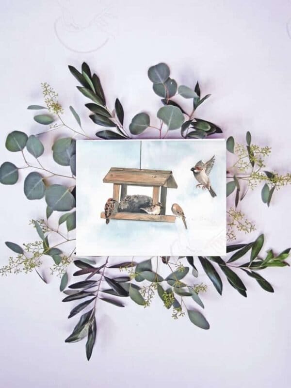 A House of Sparrows print featuring a hummingbird and eucalyptus leaves, perfect for wall art.