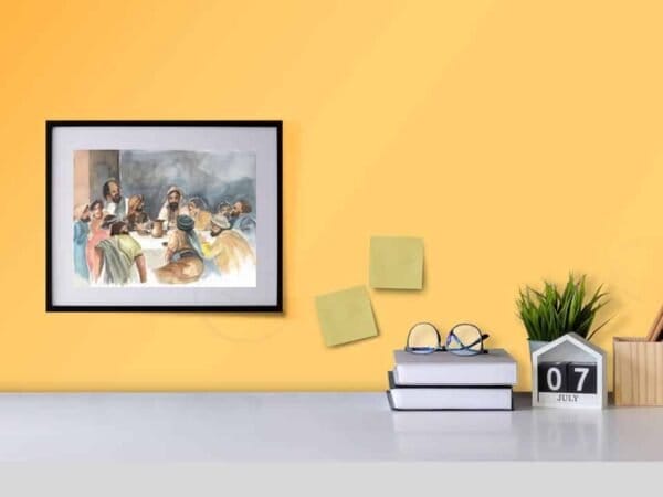 A giclee print of The Last Supper Print on a yellow wall, available at Portugal Shop.