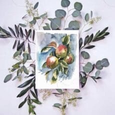 A watercolor painting of Apples Print and eucalyptus leaves, available as a wall art print at the Portugal Shop.