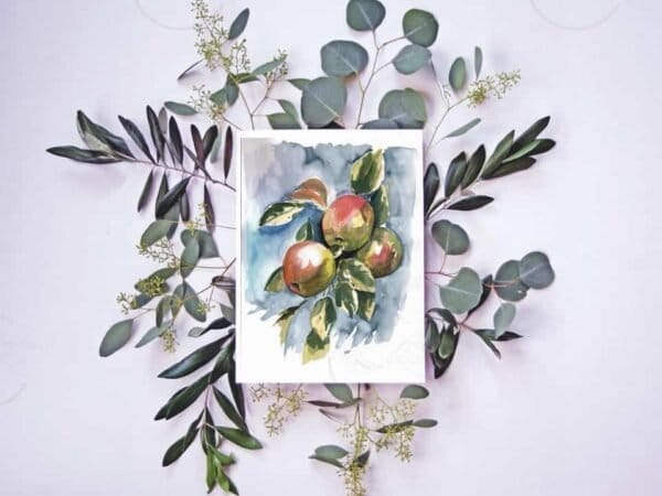A watercolor painting of Apples Print and eucalyptus leaves, available as a wall art print at the Portugal Shop.