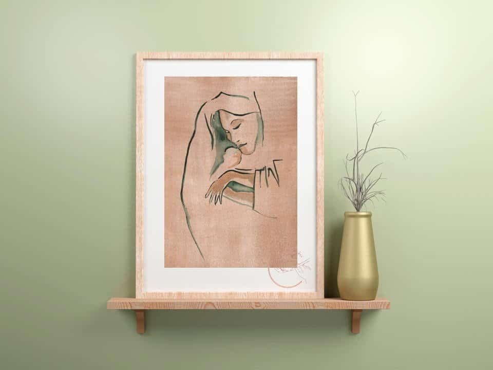 A Our Lady Love Print of a woman holding a baby on a shelf.